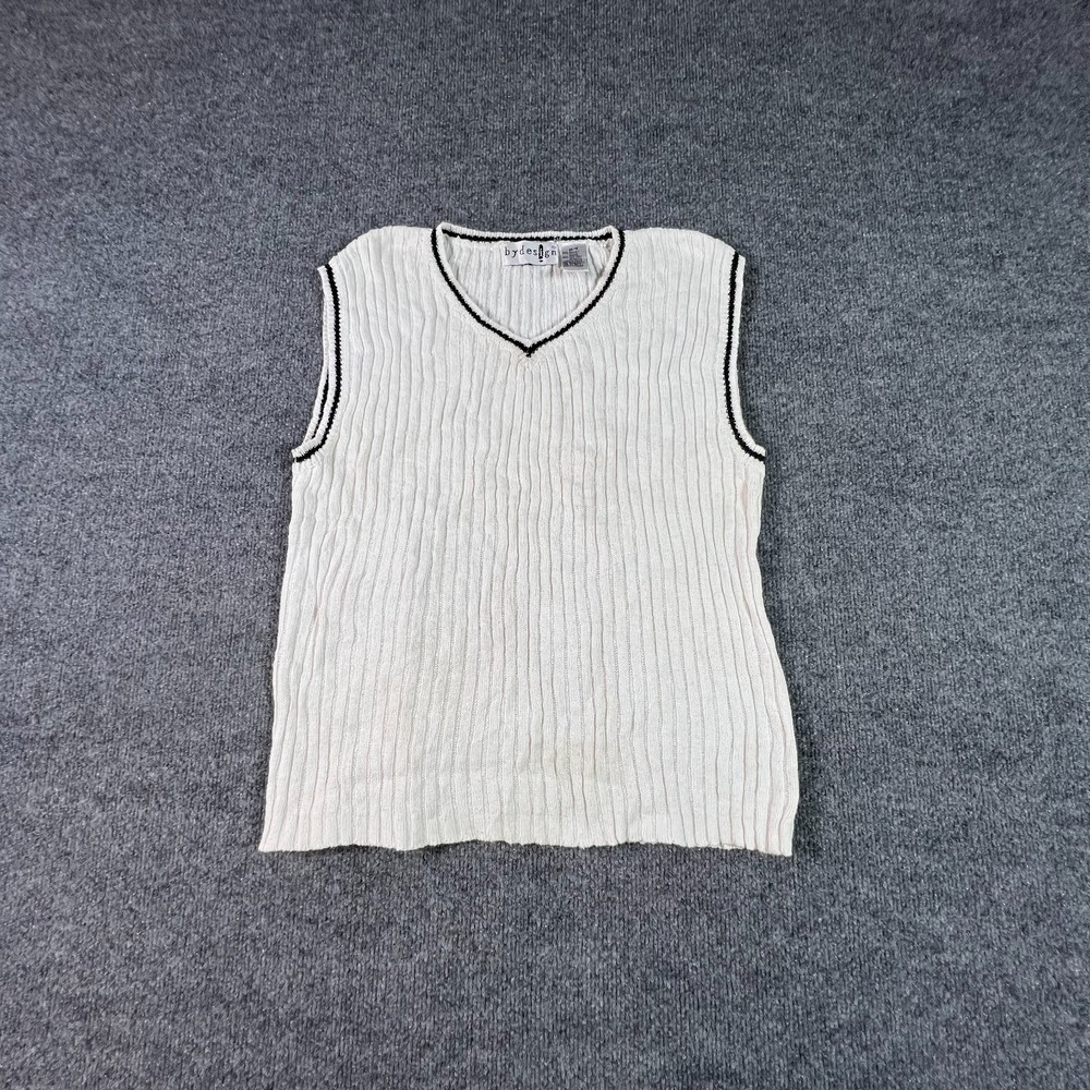 By Design White Ramie Cotton Knit Vest Sweater Womens M V-Neck Preppy Business